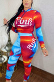 Pink Fashion Casual Long Sleeve Hooded Collar Regular Sleeve Regular Letter Print Tie Dye Two Pieces