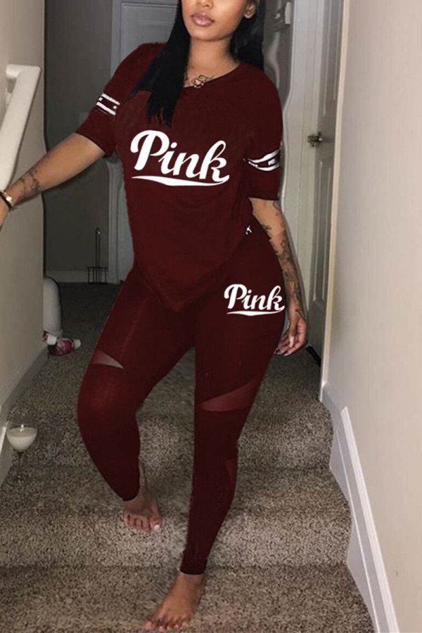 Wine Red Fashion Letter Printed T-shirt Trousers Set