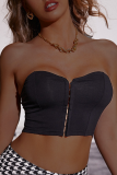 Black Sexy Solid Patchwork Buckle Strapless Tops