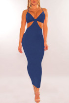 Royal Blue Sexy Solid Hollowed Out Split Joint Spaghetti Strap Pencil Skirt Dresses