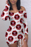 Red Sexy Print Lips Printed Off the Shoulder Dresses