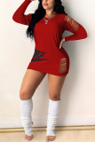 Rose Red Fashion Casual Regular Sleeve Long Sleeve O Neck Mini Letter Embroidery Dresses