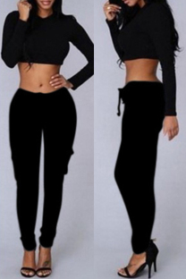 Black Fashion Casual Solid Basic Regular Mid Waist Trousers