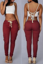 Burgundy Fashion Casual Solid Basic Regular Mid Waist Trousers