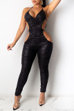 Black Fashion Sexy Solid Ripped Backless Halter Skinny Jumpsuits