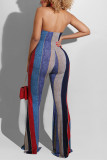 Red Fashion Sexy Striped Print Backless Halter Regular Jumpsuits