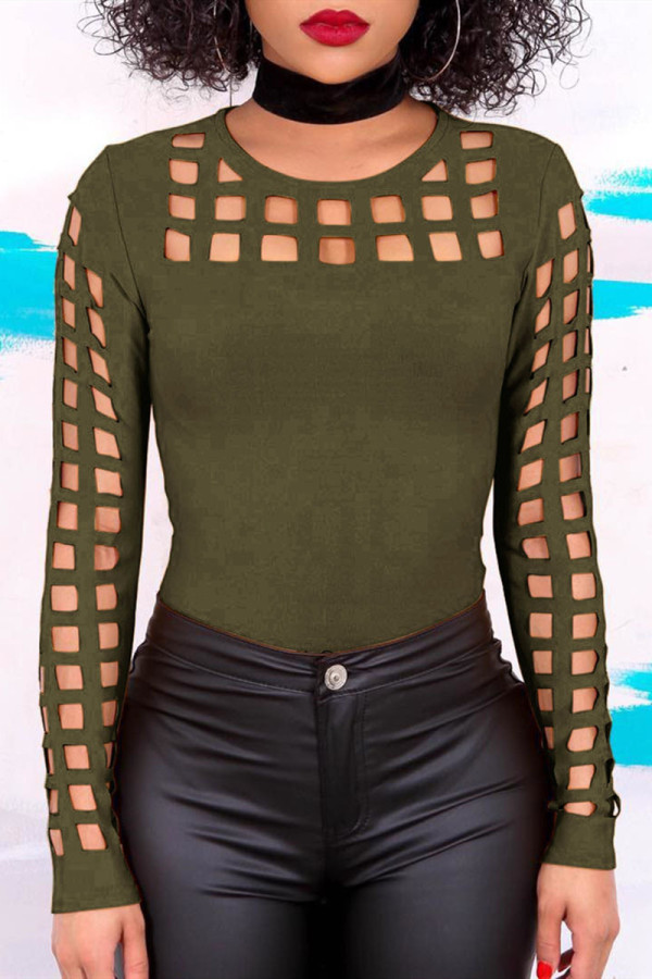 Army Green Sexy Casual Solid Hollowed Out O Neck Tops