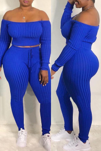 Blue Fashion Casual Solid Backless Off the Shoulder Long Sleeve Two Pieces