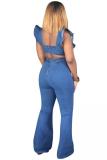 Blue Casual Fashion Solid Asymmetrical stringy selvedge Backless Sleeveless Jumpsuits