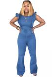 Blue Casual Fashion Solid Asymmetrical stringy selvedge Backless Sleeveless Jumpsuits