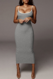 Grey Sexy Solid Split Joint Spaghetti Strap Pencil Skirt Dresses