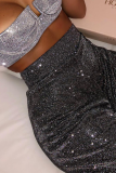 Black Casual Patchwork Sequins Straight High Waist Wide Leg Solid Color Bottoms