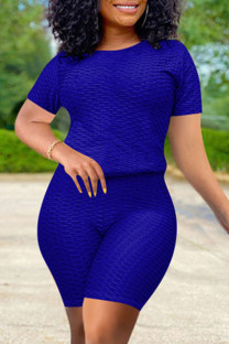 Royal Blue Fashion Casual Solid Basic O Neck Short Sleeve Two Pieces