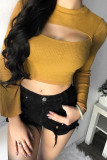 Yellow Fashion Casual Solid Hollowed Out O Neck Tops