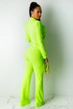 Fluorescent green Polyester Work Solid Straight Long Sleeve  Two-piece Pants Set