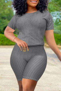 Grey Fashion Casual Solid Basic O Neck Short Sleeve Two Pieces
