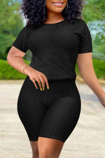 Black Fashion Casual Solid Basic O Neck Short Sleeve Two Pieces
