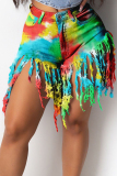 Red Yellow Sexy Tassel Tie-dye Mid Waist Regular Denim