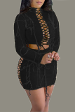 Black Sexy Patchwork Hollowed Out Turtleneck Long Sleeve Two Pieces