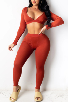 Red Sexy Solid Split Joint Backless V Neck Long Sleeve Two Pieces