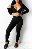 Black Sexy Solid Split Joint Backless V Neck Long Sleeve Two Pieces