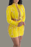 Yellow Sexy Patchwork Hollowed Out Turtleneck Long Sleeve Two Pieces