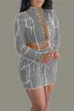 Grey Sexy Patchwork Hollowed Out Turtleneck Long Sleeve Two Pieces