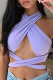 Purple Sexy Solid Bandage Backless Mid Waist Tops