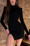 Black Sexy Solid Slit Turtleneck Straight Dresses