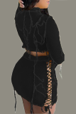 Black Sexy Patchwork Hollowed Out Turtleneck Long Sleeve Two Pieces