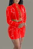 Red Sexy Patchwork Hollowed Out Turtleneck Long Sleeve Two Pieces