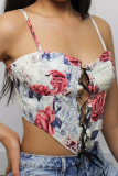 Rose Sexy Print Hollowed Out Frenulum Backless Spaghetti Strap Mid Waist Tops
