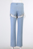 Blue Casual Solid Hollowed Out Mid Waist Regular Denim Long Pant