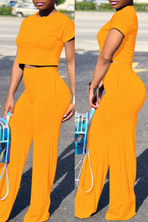 Yellow Fashion Casual Solid Basic O Neck Short Sleeve Two Pieces
