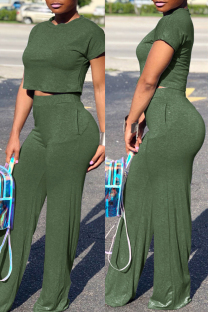 Green Fashion Casual Solid Basic O Neck Short Sleeve Two Pieces