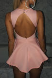 Pink Sweet Solid Backless Fold V Neck Regular Jumpsuits