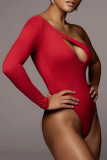 Red Sexy Solid Hollowed Out One Shoulder Skinny Jumpsuits