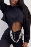 Black Sexy Solid Hollowed Out Chains O Neck Tops