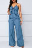 Dark Blue Casual Solid Patchwork Buckle Spaghetti Strap Loose Jumpsuits