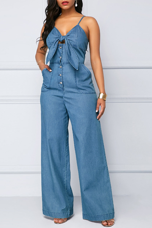 Baby Blue Casual Solid Patchwork Buckle Spaghetti Strap Loose Jumpsuits