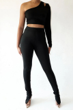 Black Casual Solid Hollowed Out One Shoulder Long Sleeve Two Pieces