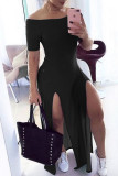 Black Sexy Casual Solid Slit Off the Shoulder Short Sleeve Dress