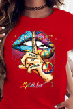 Red Casual Letter Lips Printed Patchwork O Neck Tops