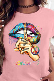 White Casual Letter Lips Printed Patchwork O Neck Tops