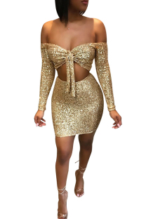 Gold Polyester Sexy Solid Two Piece Suits Hip skirt Long Sleeve  Two-Piece Dress