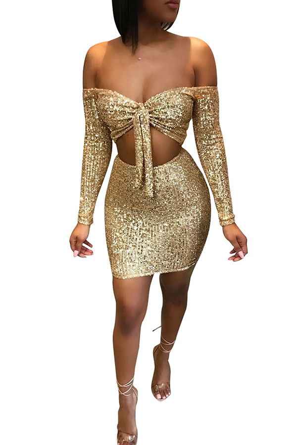 Gold Sexy Solid Two Piece Suits Hip skirt Long Sleeve Two-Piece Dress