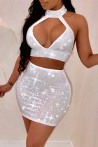 White Fashion Sexy Hot Drilling Hollowed Out Backless Halter Sleeveless Two Pieces