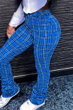 Blue Fashion Casual Sportswear Boot Cut Plaid Print Trousers