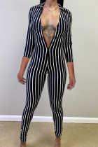 Black Sexy Striped zipper Polyester Long Sleeve V Neck 