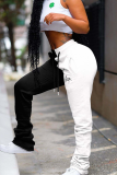White Sportswear Print Solid Color Block Patchwork Straight High Waist Straight Solid Color Bottoms